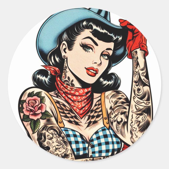 Cute Cartoon Tattoo Cowgirl Classic Round Sticker (Front)