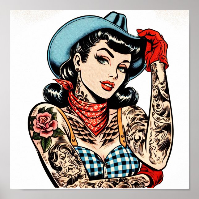 Cute Cartoon Tattoo Cowgirl Poster (Front)