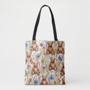 Cute Cartoon Teddies with Watercolor Flowers  Tote Bag