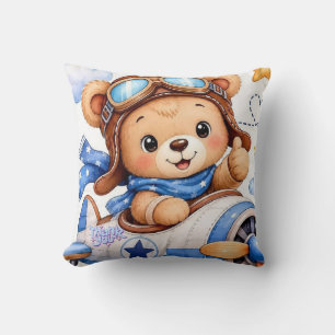 Cute Cartoon Teddy Bear Pilot Flying Aeroplane Wat Cushion
