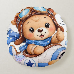 Cute Cartoon Teddy Bear Pilot Flying Aeroplane Wat Round Cushion