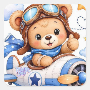 Cute Cartoon Teddy Bear Pilot Flying Aeroplane Wat Square Sticker