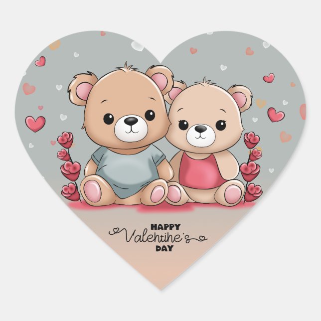 Cute Cartoon Teddy Lovers Heart Valentine’s Day Sticker (Front)