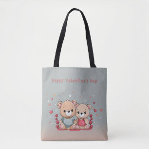 Cute Cartoon Teddy Lovers Heart Valentine’s Day Tote Bag