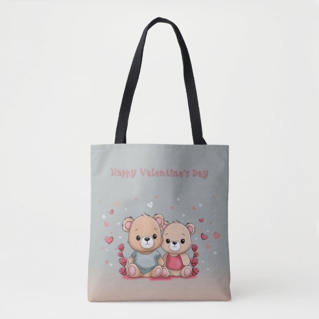 Cute Cartoon Teddy Lovers Heart Valentine’s Day  Tote Bag (Front)