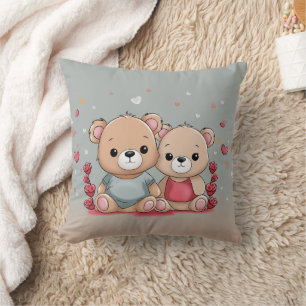 Cute Cartoon Teddy Lovers Hearts Valentine’s Day Cushion