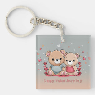 Cute Cartoon Teddy Lovers Hearts Valentine’s Day Key Ring