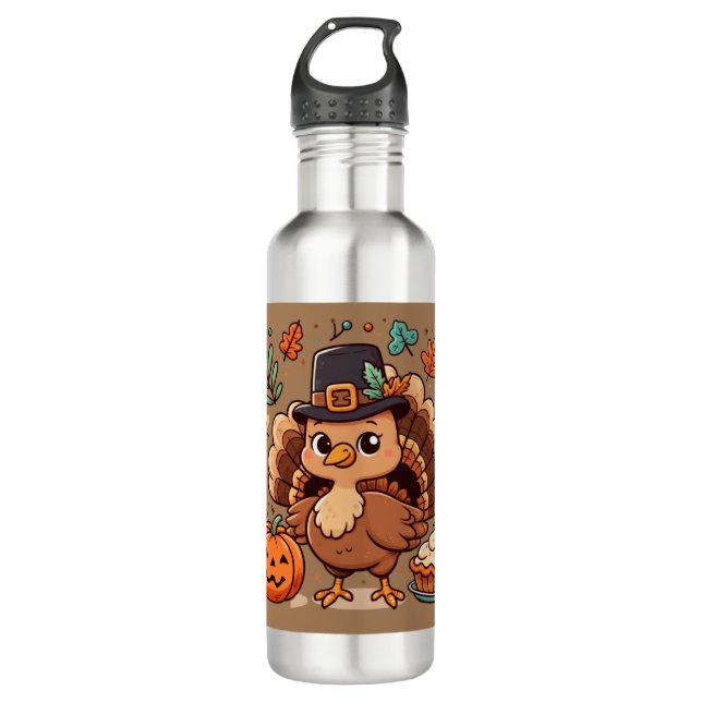 Cute Cartoon Thanksgiving turkey and pumpkin 710 Ml Water Bottle (Front)