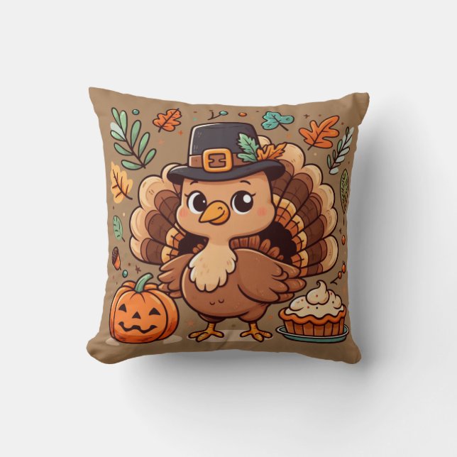 Cute Cartoon Thanksgiving turkey and pumpkin Cushion (Front)