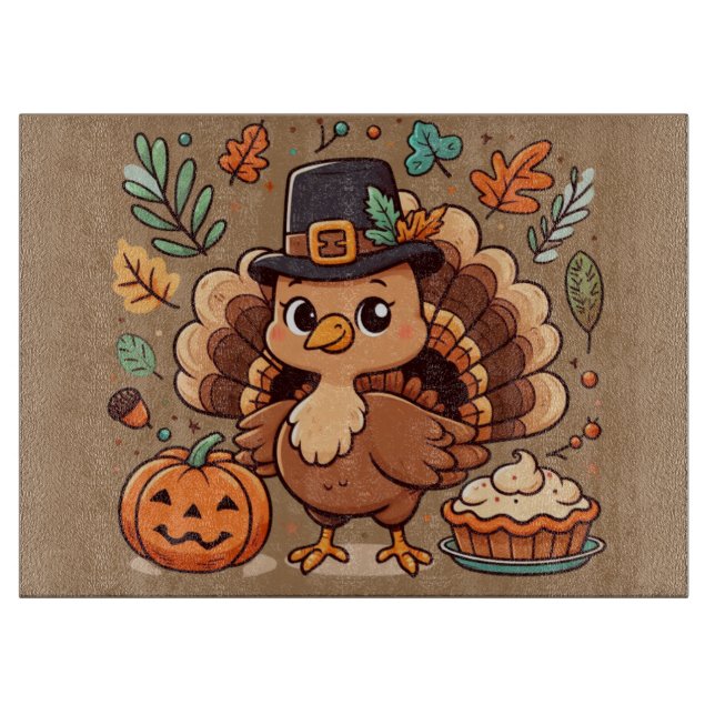 Cute Cartoon Thanksgiving turkey and pumpkin Cutting Board (Front)