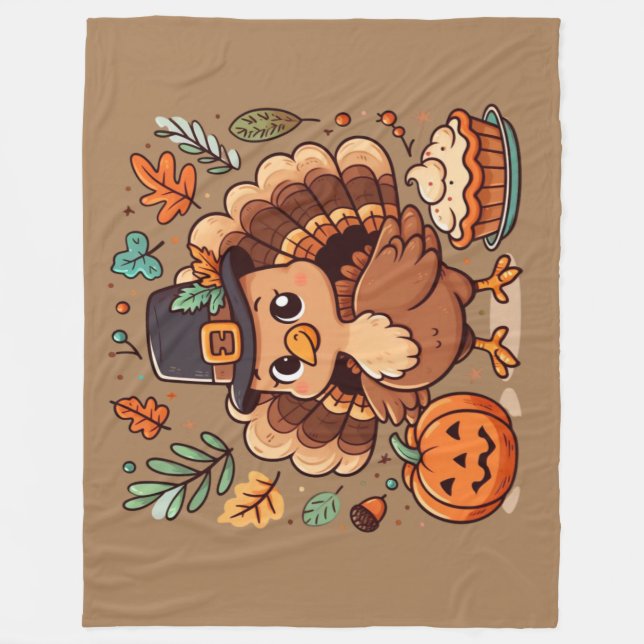 Cute Cartoon Thanksgiving turkey and pumpkin Fleece Blanket (Front)