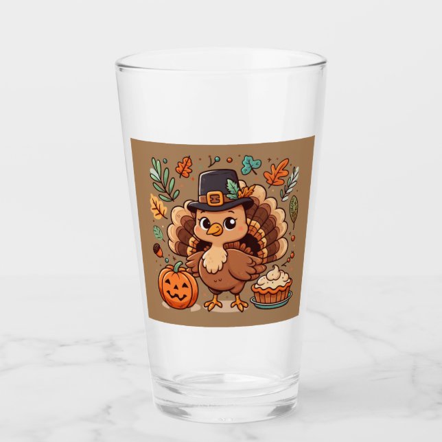 Cute Cartoon Thanksgiving turkey and pumpkin Glass (Front)
