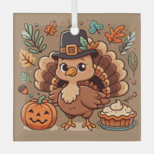 Cute Cartoon Thanksgiving turkey and pumpkin Glass Tree Decoration