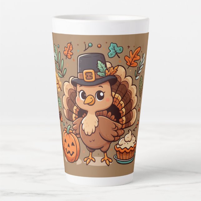 Cute Cartoon Thanksgiving turkey and pumpkin Latte Mug (Front)