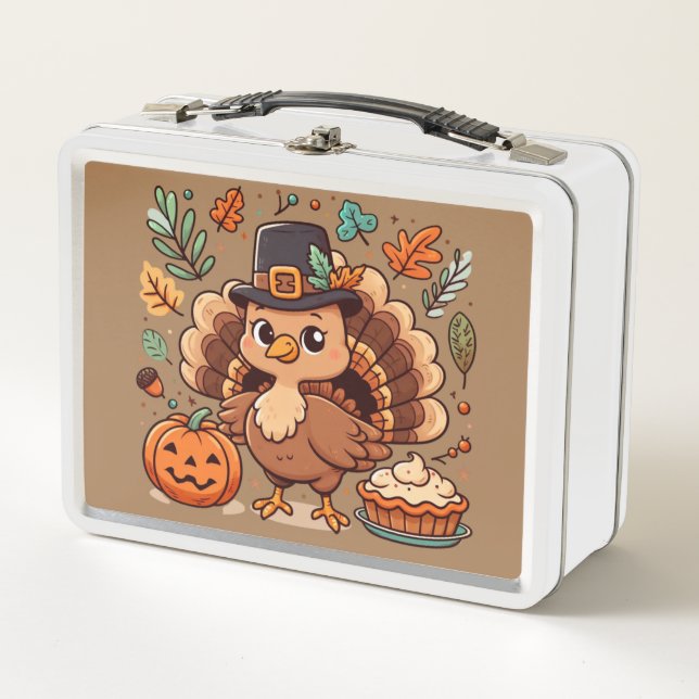 Cute Cartoon Thanksgiving turkey and pumpkin Metal Lunch Box (Front)
