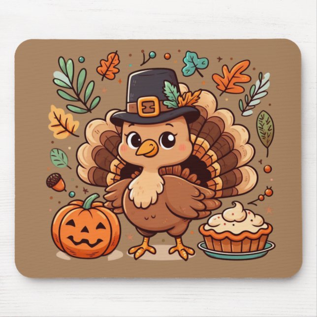 Cute Cartoon Thanksgiving turkey and pumpkin Mouse Mat (Front)