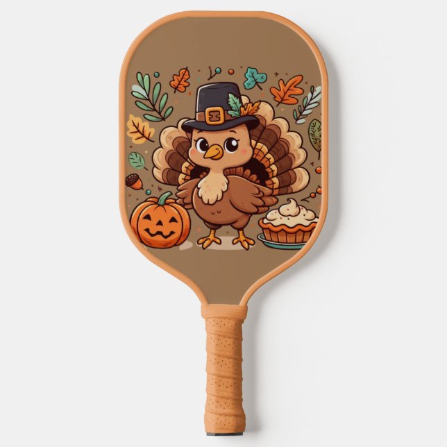 Cute Cartoon Thanksgiving turkey and pumpkin Pickleball Paddle (Front)