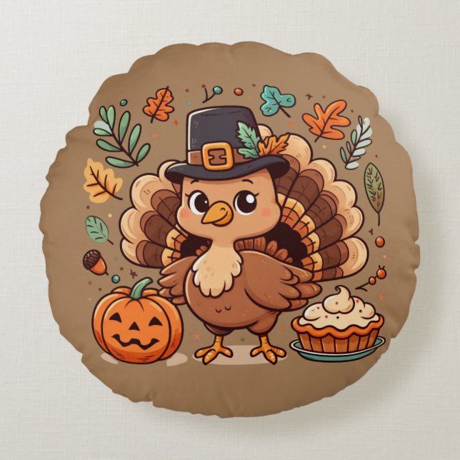 Cute Cartoon Thanksgiving turkey and pumpkin Round Cushion (Front)