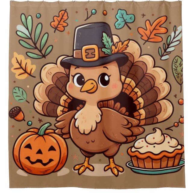 Cute Cartoon Thanksgiving turkey and pumpkin Shower Curtain (Front)