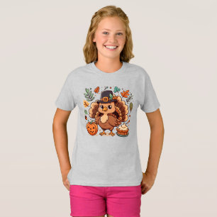 Cute Cartoon Thanksgiving turkey and pumpkin T-Shirt