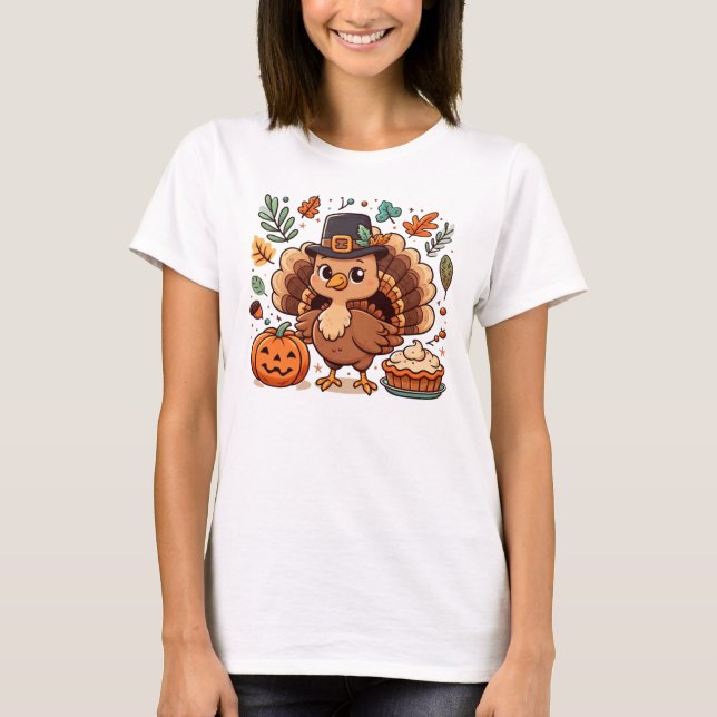 Cute Cartoon Thanksgiving turkey and pumpkin T-Shirt (Front)