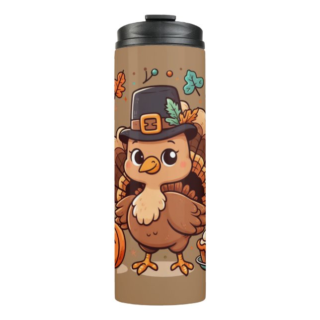 Cute Cartoon Thanksgiving turkey and pumpkin Thermal Tumbler (Front)