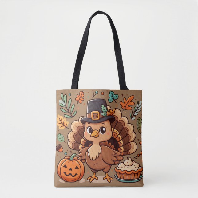 Cute Cartoon Thanksgiving turkey and pumpkin Tote Bag (Front)