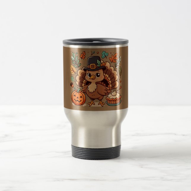 Cute Cartoon Thanksgiving turkey and pumpkin Travel Mug (Center)