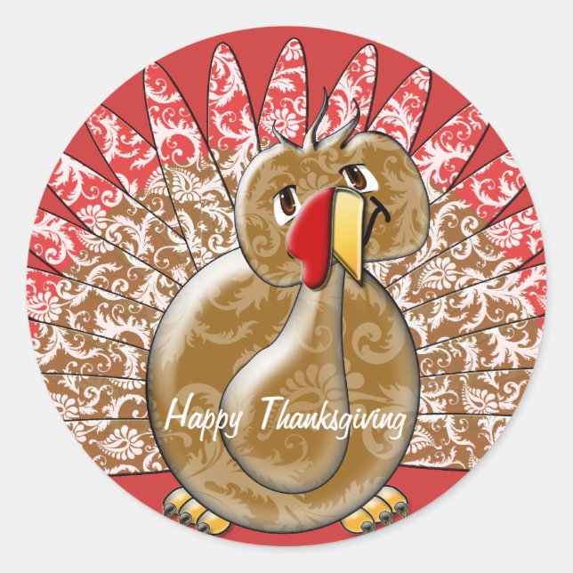 Cute Cartoon Thanksgiving Turkey Classic Round Sticker (Front)
