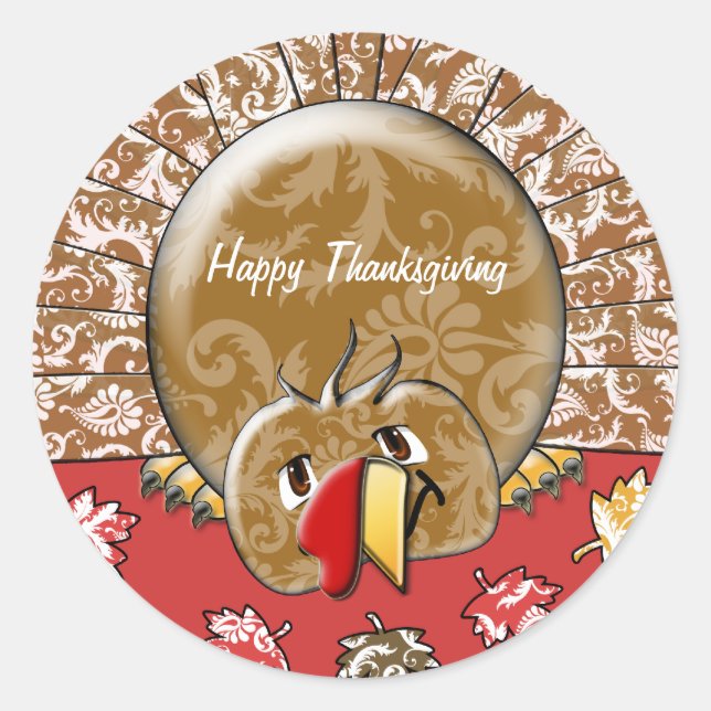Cute Cartoon Thanksgiving Turkey Classic Round Sticker (Front)