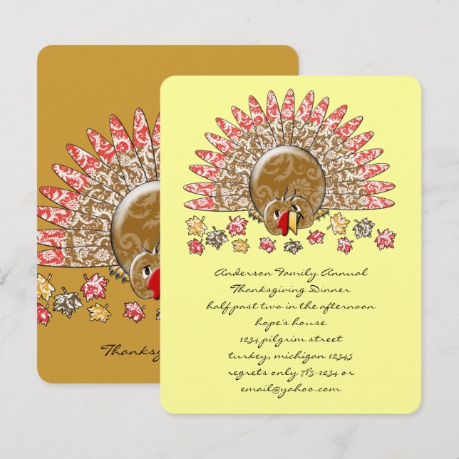 Cute Cartoon Thanksgiving Turkey Invitation (Front/Back)