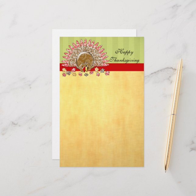 Cute Cartoon Thanksgiving Turkey Stationery (Front/Back In Situ)