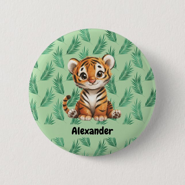 Cute Cartoon Tiger on Tropical Leaves 6 Cm Round Badge (Front)