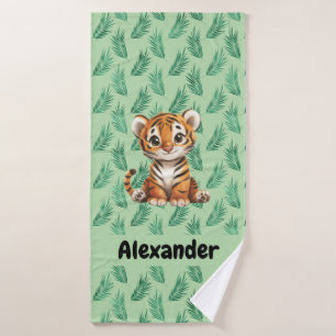 Cute Cartoon Tiger on Tropical Leaves Bath Towel Set