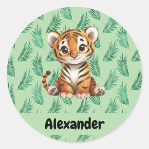 Cute Cartoon Tiger on Tropical Leaves Classic Round Sticker