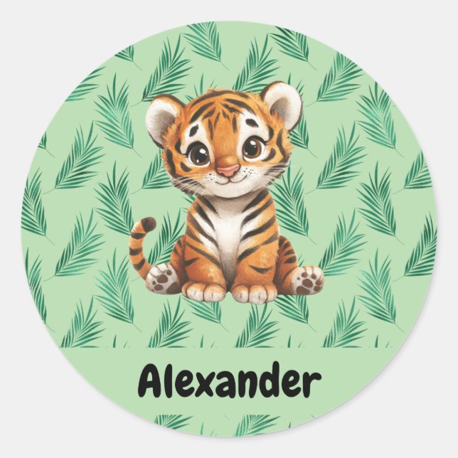 Cute Cartoon Tiger on Tropical Leaves Classic Round Sticker (Front)