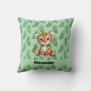 Cute Cartoon Tiger on Tropical Leaves Cushion
