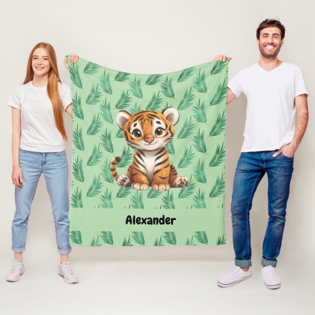 Cute Cartoon Tiger on Tropical Leaves Fleece Blanket (In Situ)