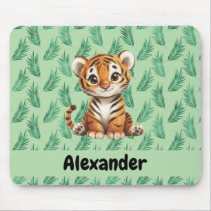 Cute Cartoon Tiger on Tropical Leaves Mouse Mat
