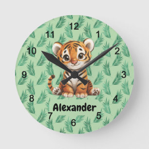 Cute Cartoon Tiger on Tropical Leaves Round Clock
