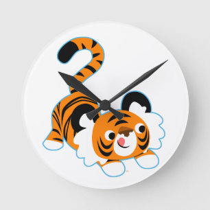 Cute Cartoon Tiger Ready To Play Round Clock
