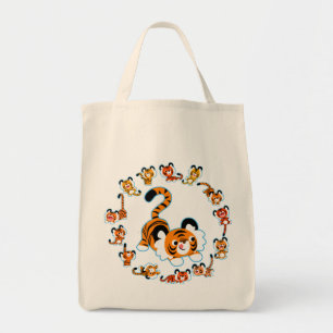Cute Cartoon Tigers Mandala (Blue) Grocery Bag