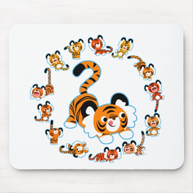 Cute Cartoon Tigers Mandala (Blue) Mousepad (Front)