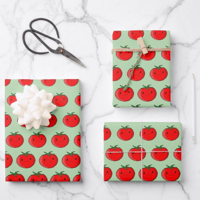 Cute Cartoon Tomato Pattern Green Wrapping Paper Sheet (Front)