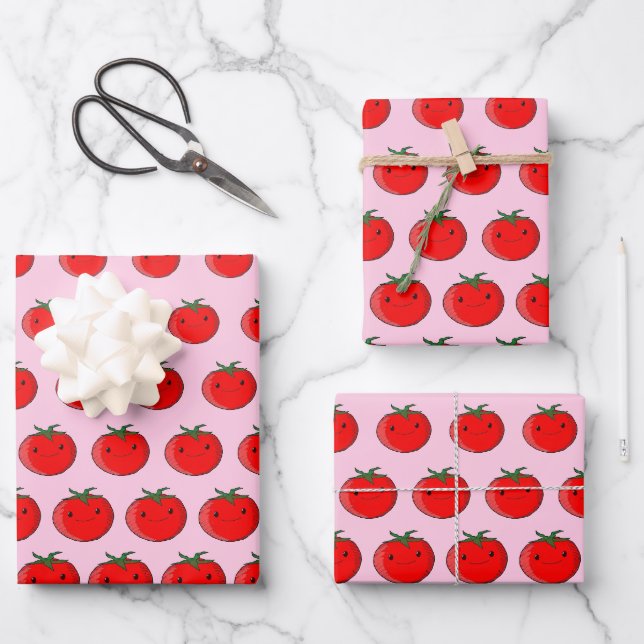 Cute Cartoon Tomato Pattern Pink Wrapping Paper Sheet (Front)