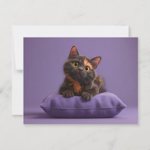 Cute Cartoon Tortoiseshell Kitten on Purple Cushio Postcard