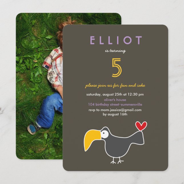 Cute Cartoon Toucan Photo Kid's Birthday Party Invitation (Front/Back)