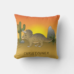 Cute Cartoon Triceratops Dinosaur In Sunset Desert Cushion