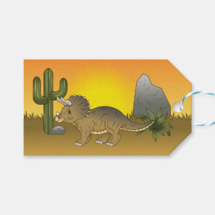 Cute Cartoon Triceratops Dinosaur In Sunset Desert Gift Tags