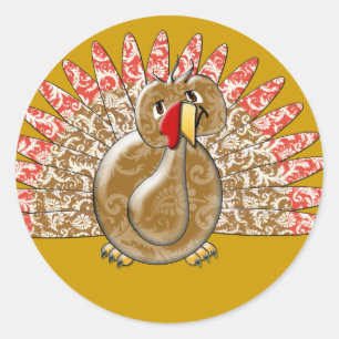Cute Cartoon Turkey Damask Pattern Classic Round Sticker